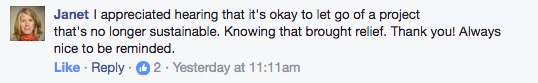 Janet says I appreciated hearing that it's okay to let go of a project that's no longer sustainable.